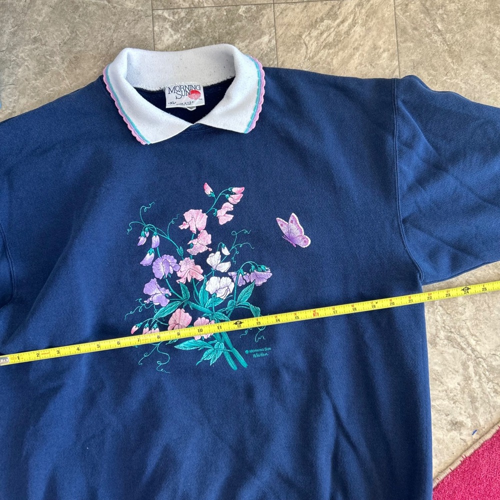Vintage‎ 90s Morning Sun Sweatshirt Floral Butterfly Collared cottagecore - Picture 3 of 7